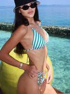 Striped Dot Print Tie Thong Bikini Set