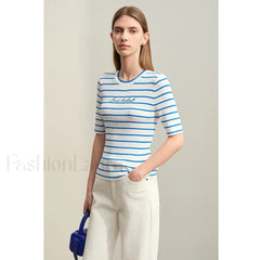 Striped Embroidered Knit T Shirt Beige / S