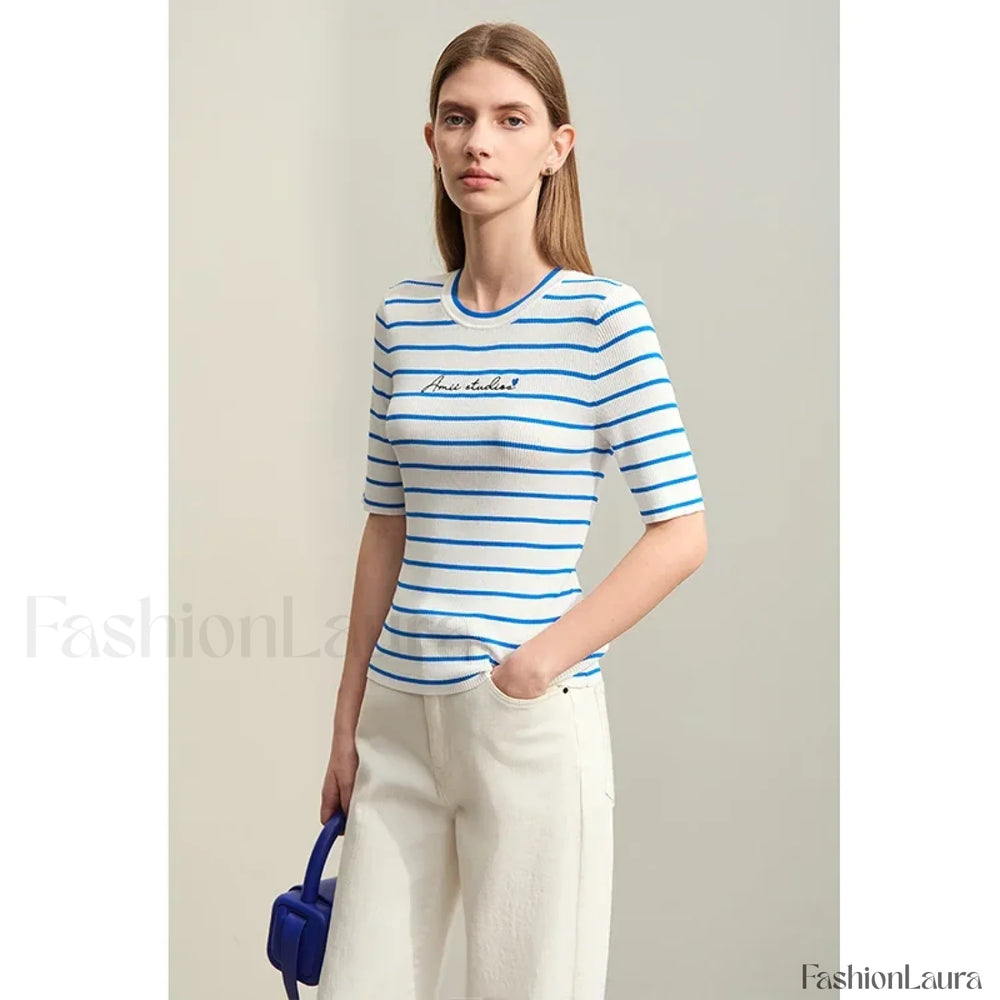 Striped Embroidered Knit T Shirt Beige / S