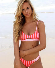 Striped Hollow Push Up Bikini Set PINK / S