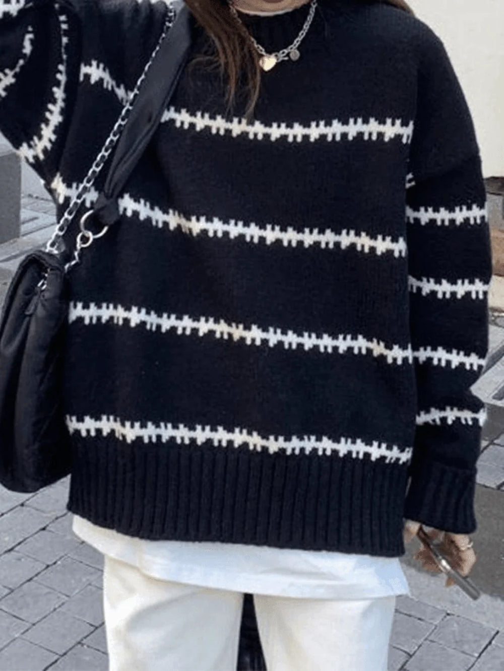 Striped Jumper Knit Sweater Black / ONE SIZE Sweaters