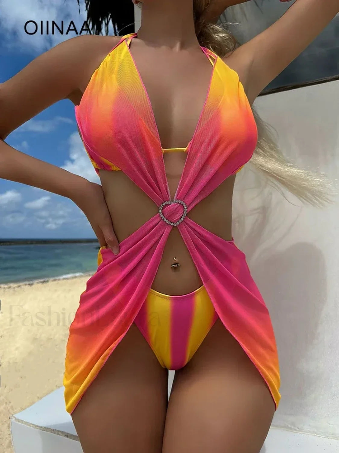 Striped Lace Mesh Bikini Three Piece Set Main image
