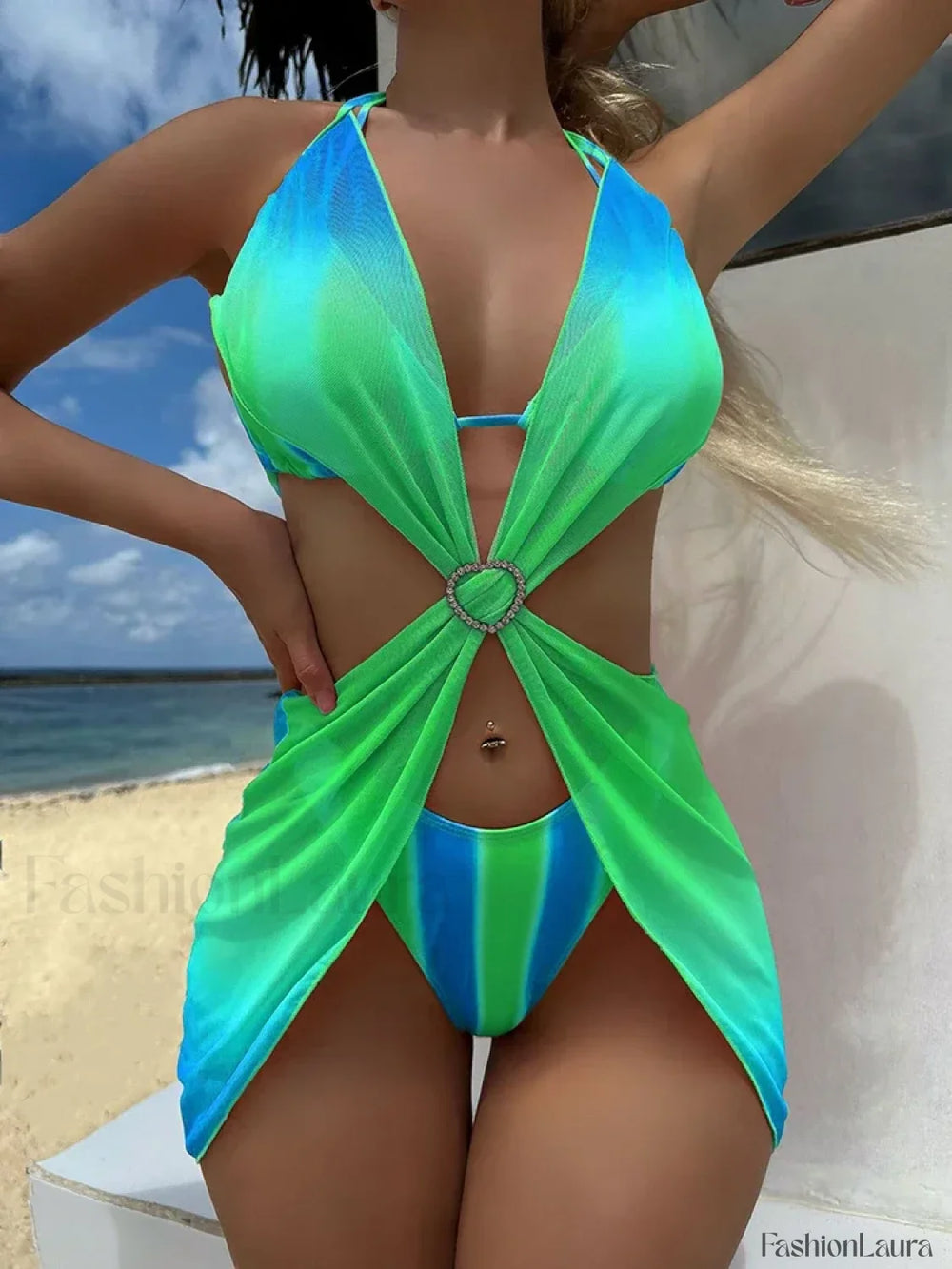 Striped Lace Mesh Bikini Three Piece Set GREEN AND BLUE / S