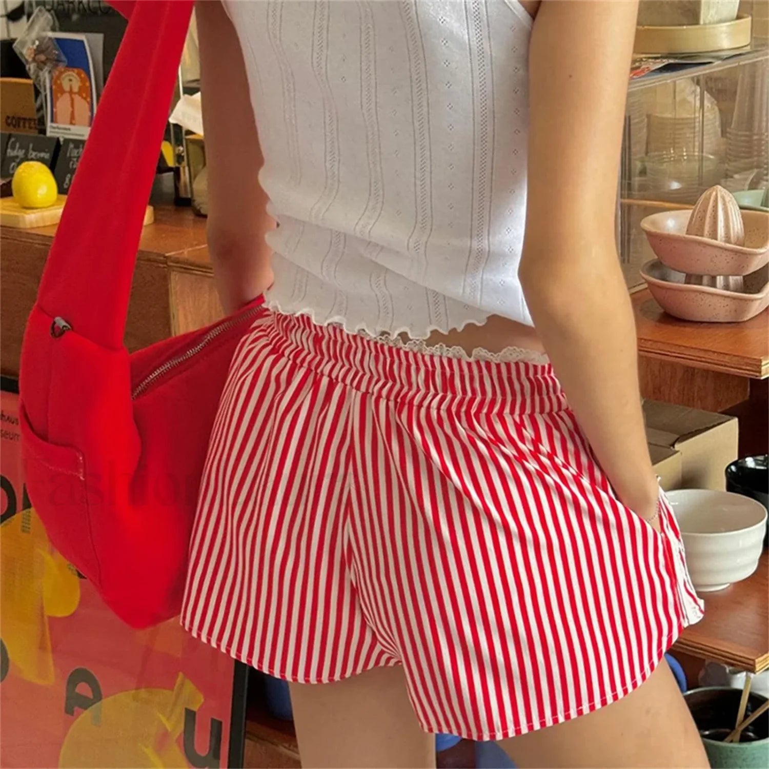 Striped Lace Trim Drawstring Elastic Waist Casual Summer Short Secondary image