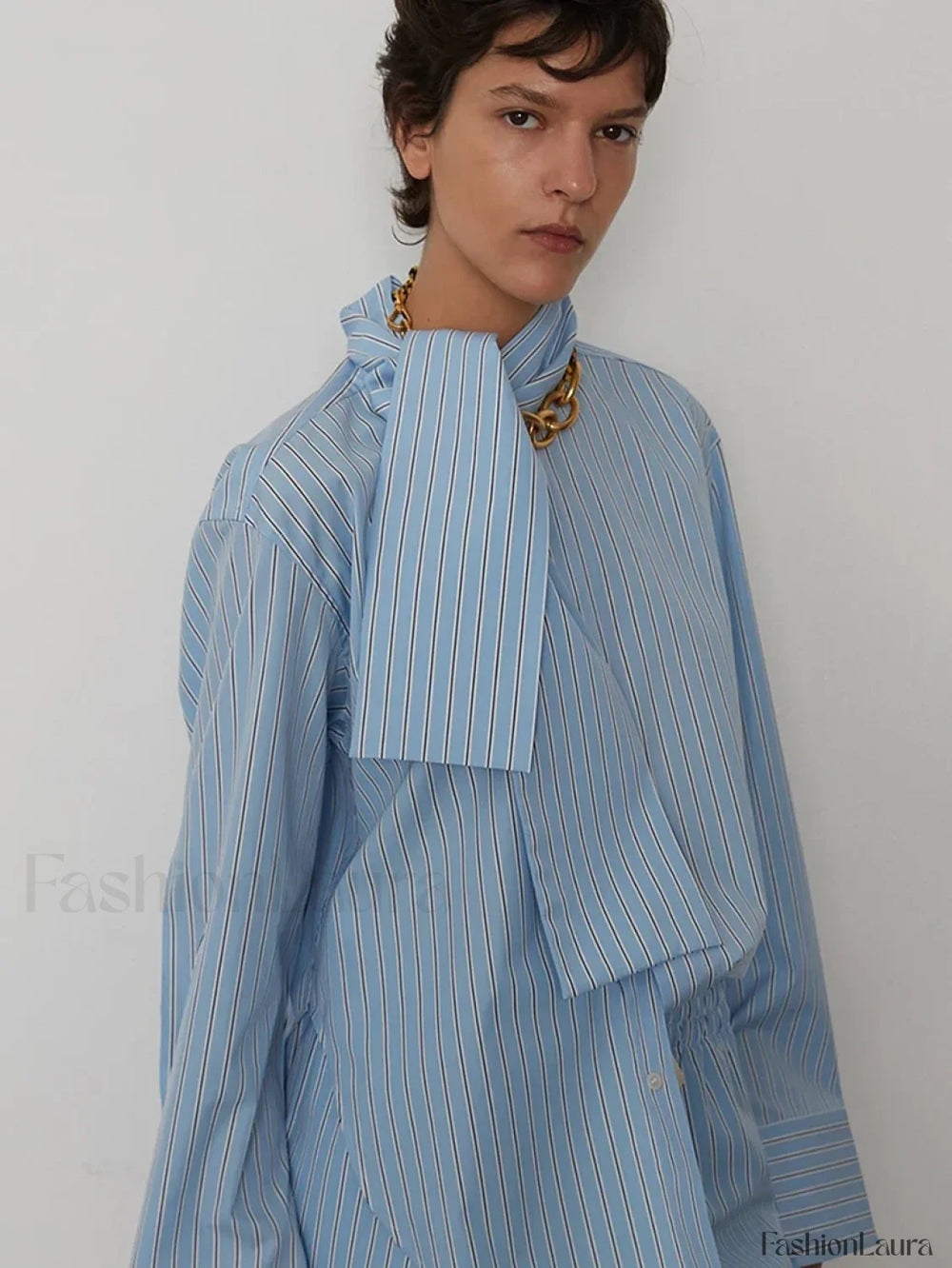 Striped Long Sleeve Collar Shorts Two Piece Set