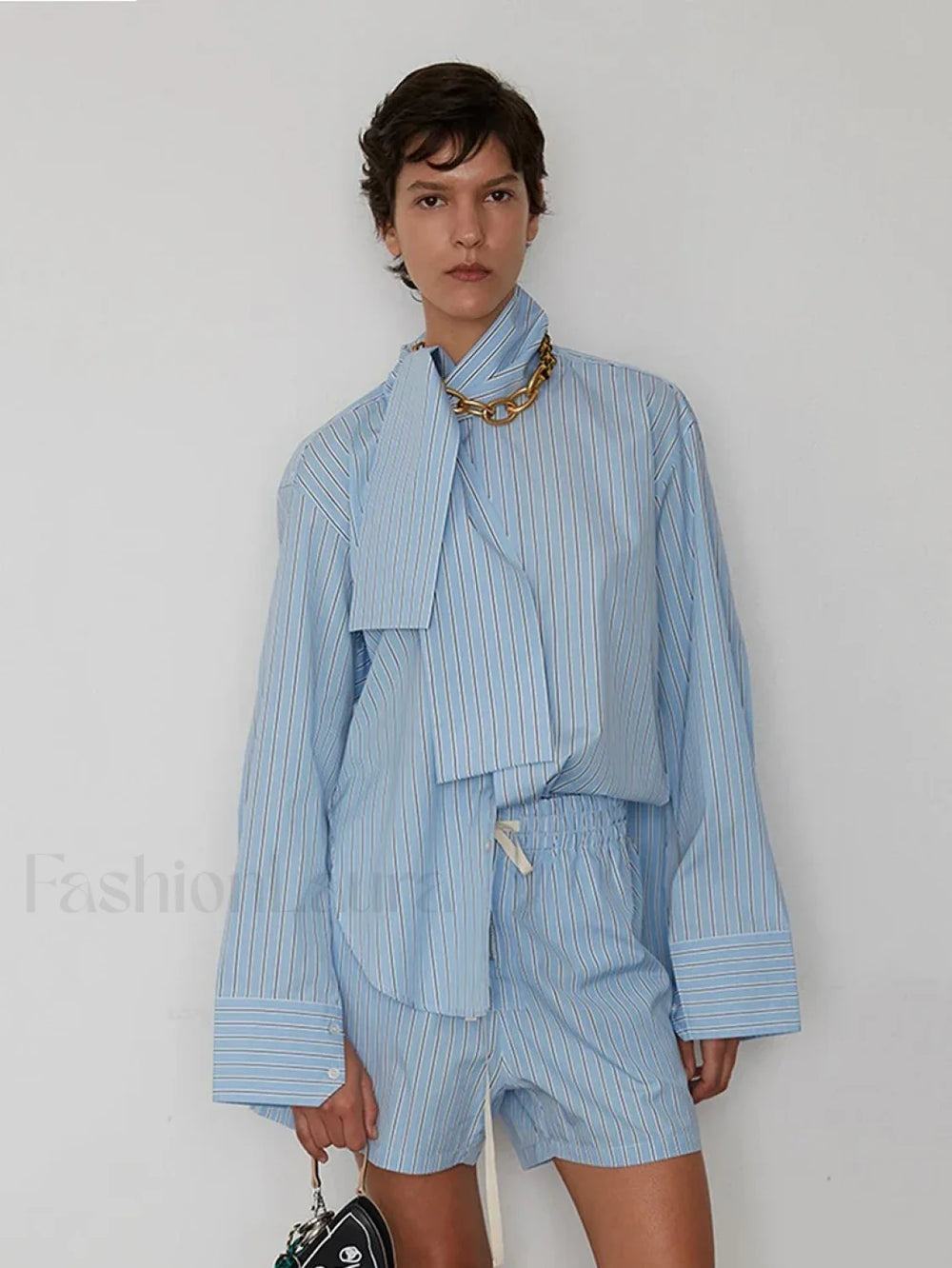 Striped Long Sleeve Collar Shorts Two Piece Set Blue / S