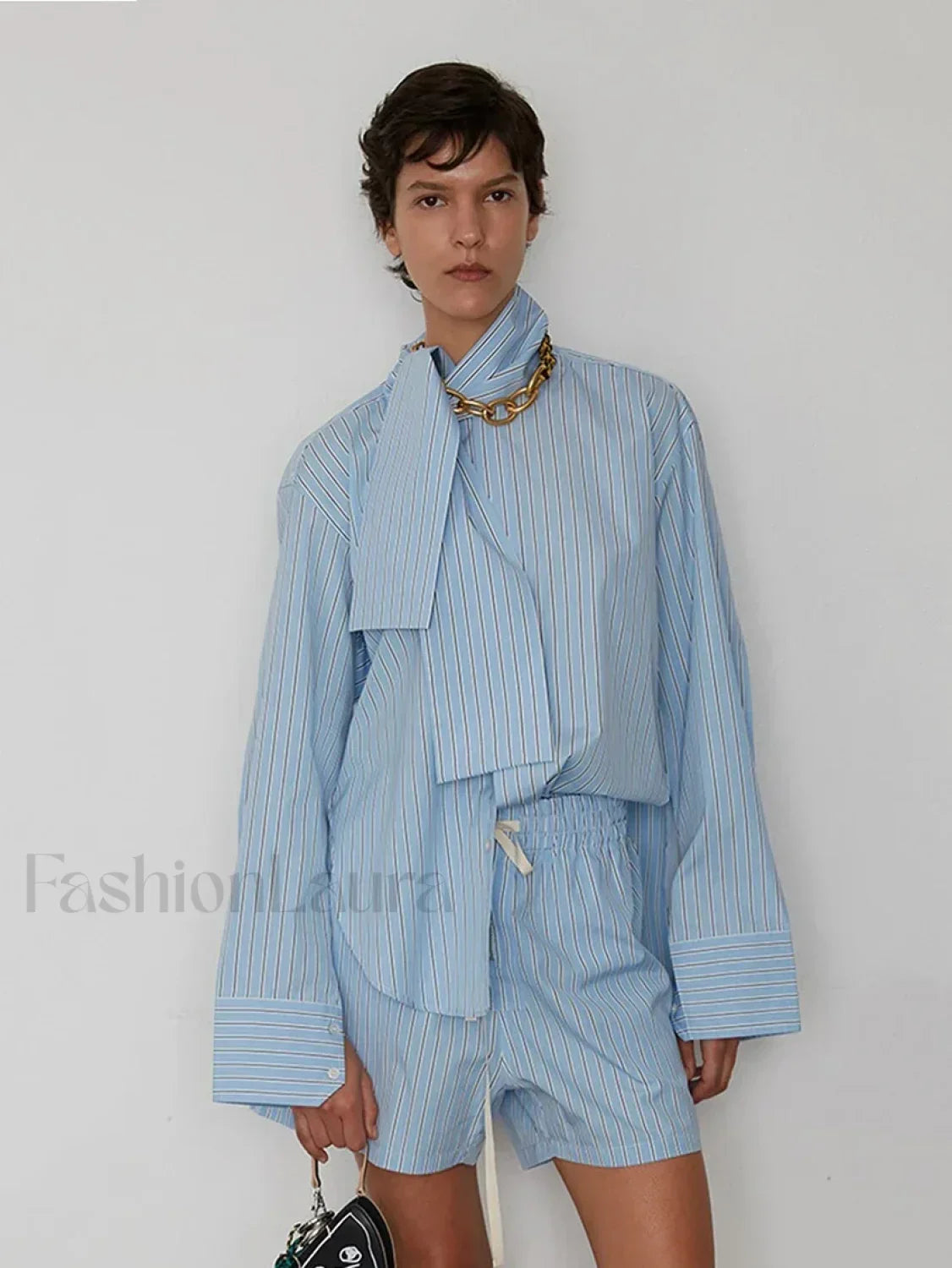 Striped Long Sleeve Collar Shorts Two Piece Set Blue / S Main image