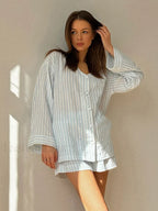 Striped Long Sleeve Shorts Two Piece Set Blue / S