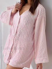 Striped Long Sleeve Shorts Two Piece Set Pink / S