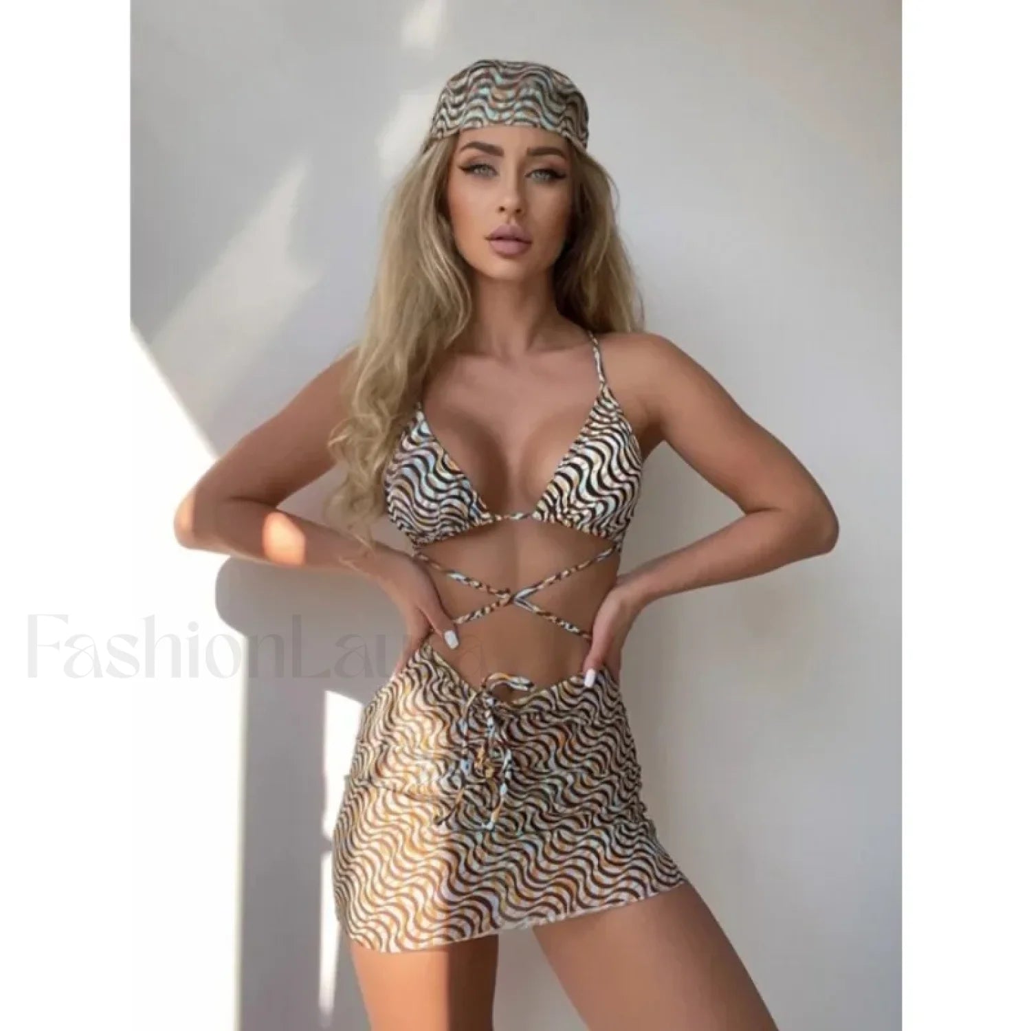 Striped Mesh Sarong Micro Three Piece Set Main image