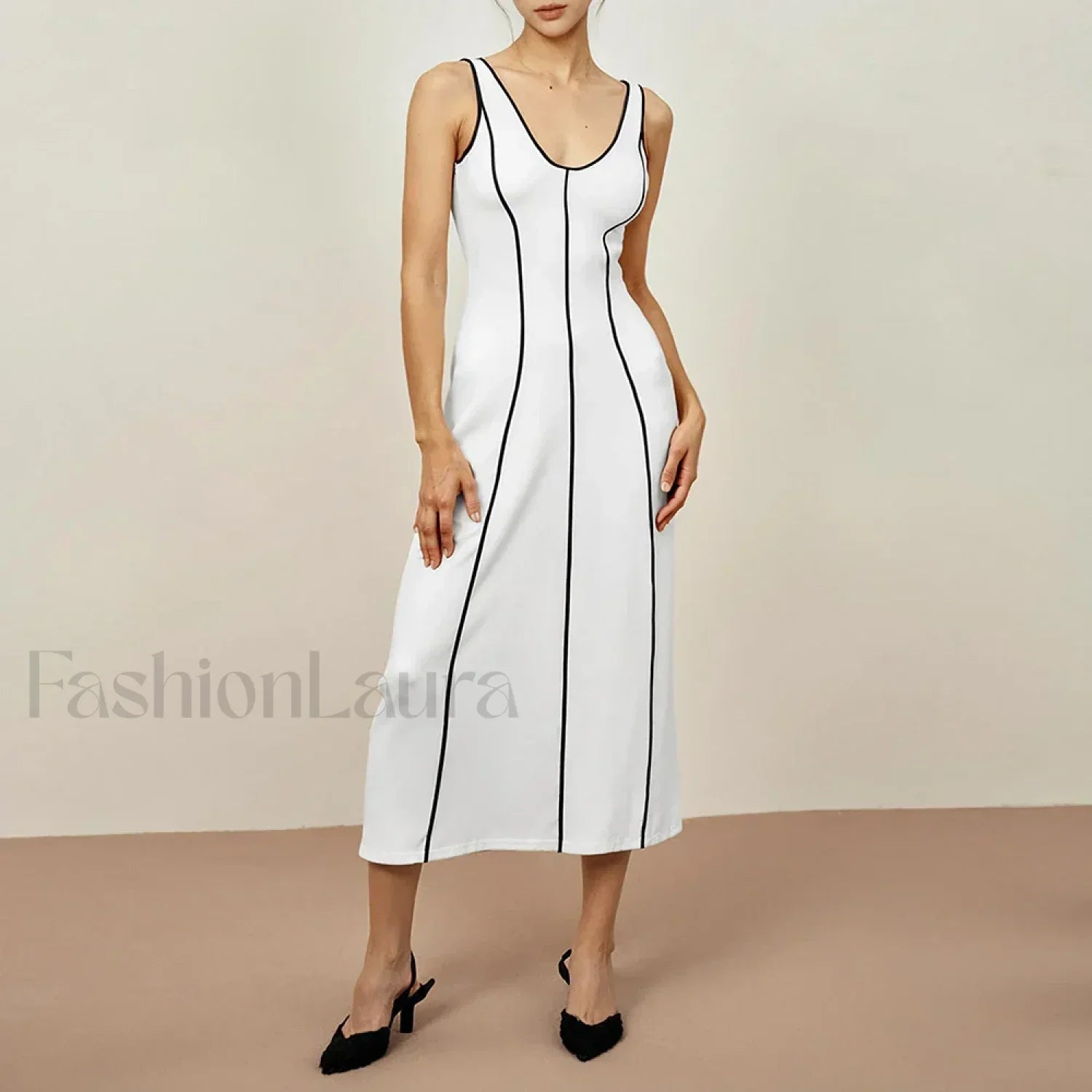 Striped Off Shoulder Midi Dress Off White Black / S Main image