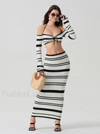 Striped Off Shoulder Skirt Two Piece Set
