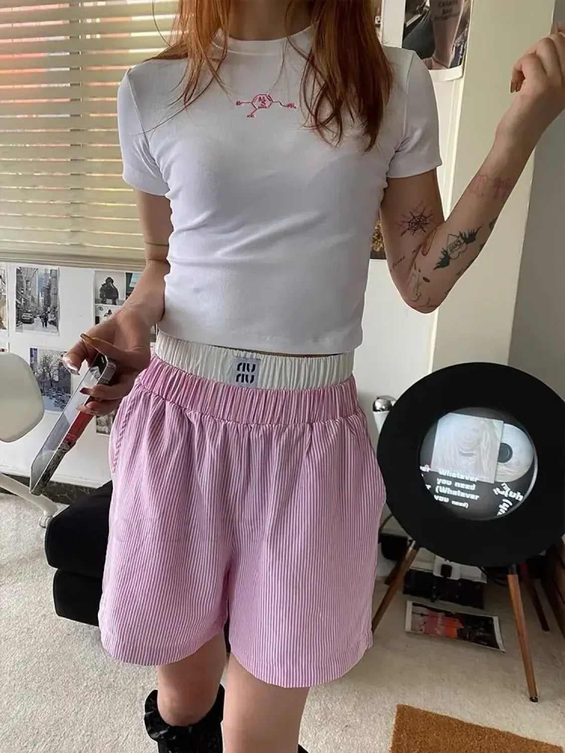 Striped Patchwork Baggy Elastic Waist Retro Casual Short Secondary image