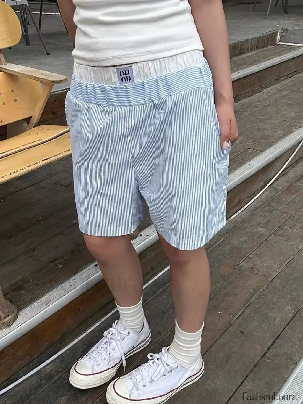 Striped Patchwork Baggy Elastic Waist Retro Casual Short