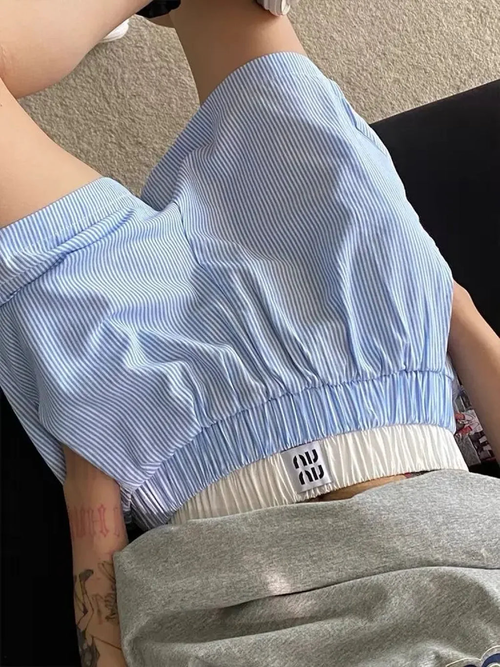 Striped Patchwork Baggy Elastic Waist Retro Casual Short Blue / M
