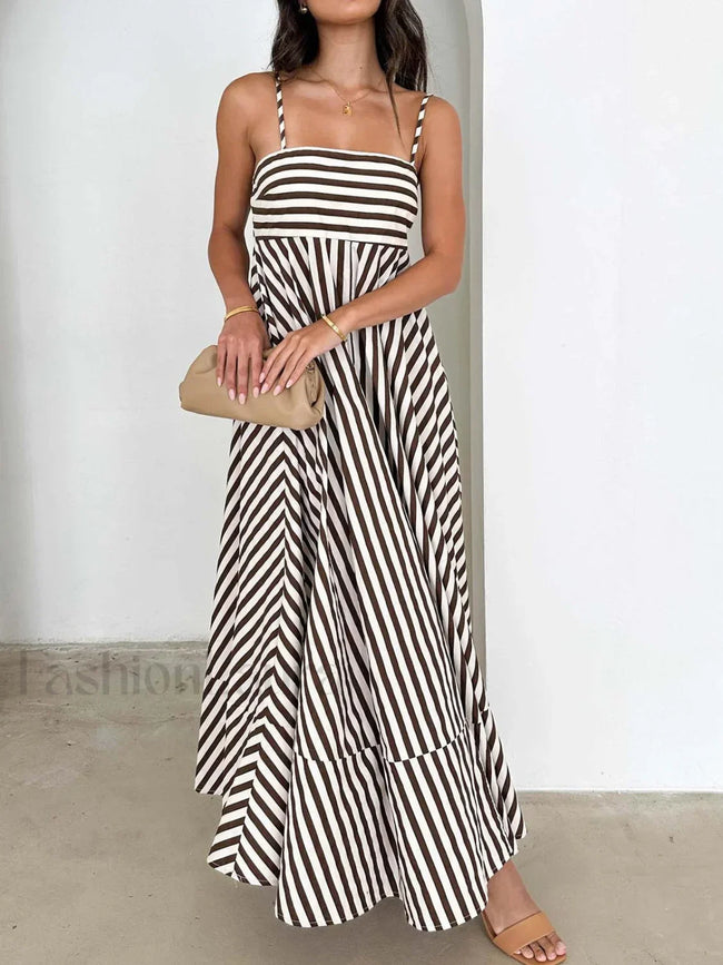 Striped Pleated Cami Long Dress Light Brown / XS Dresses Main image