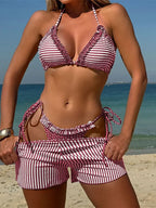 Striped Polka Dot Halter Three Piece Set Red / S