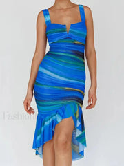 Striped Ruched Mesh Midi Dress