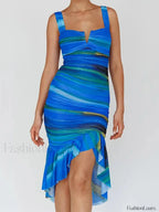 Striped Ruched Mesh Midi Dress