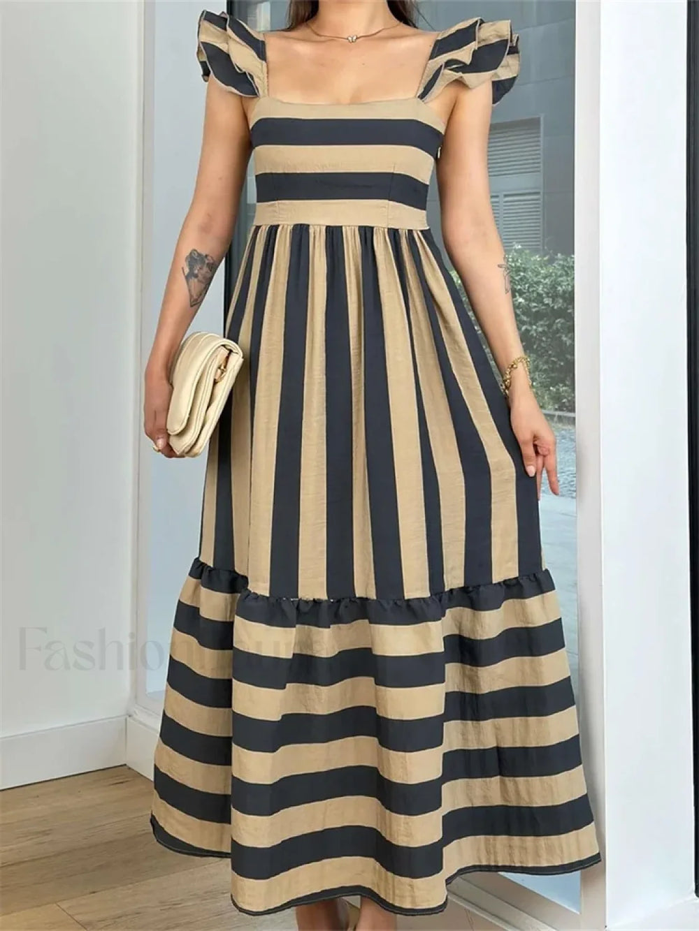 Striped Ruffle A Line Party Maxi Dress