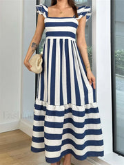 Striped Ruffle A Line Party Maxi Dress