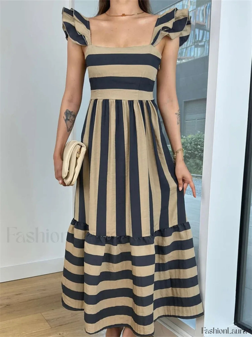Striped Ruffle A Line Party Maxi Dress brown / S