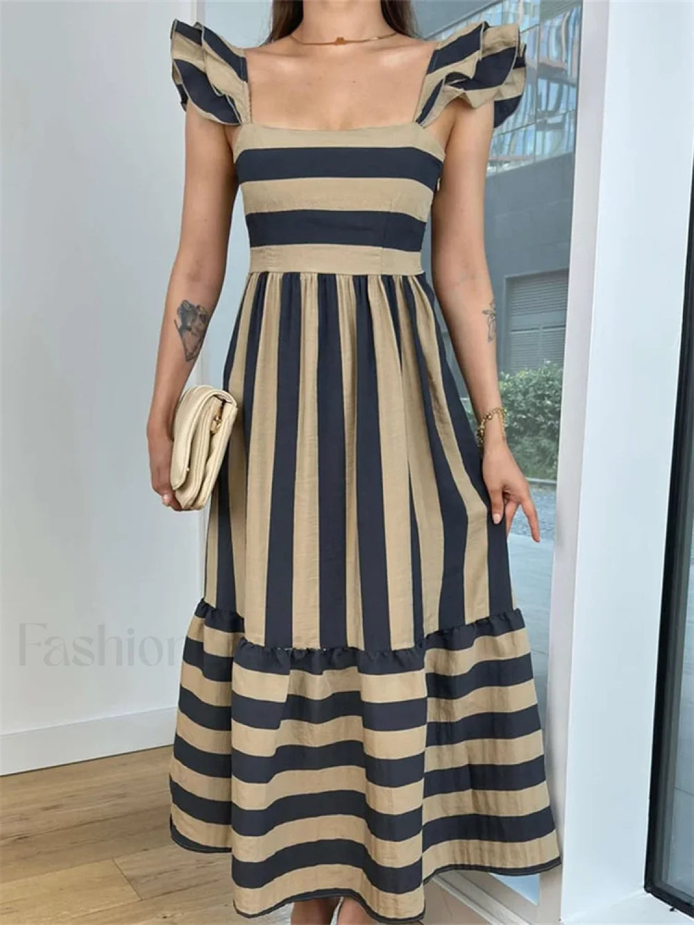 Striped Ruffle A Line Party Maxi Dress brown / S