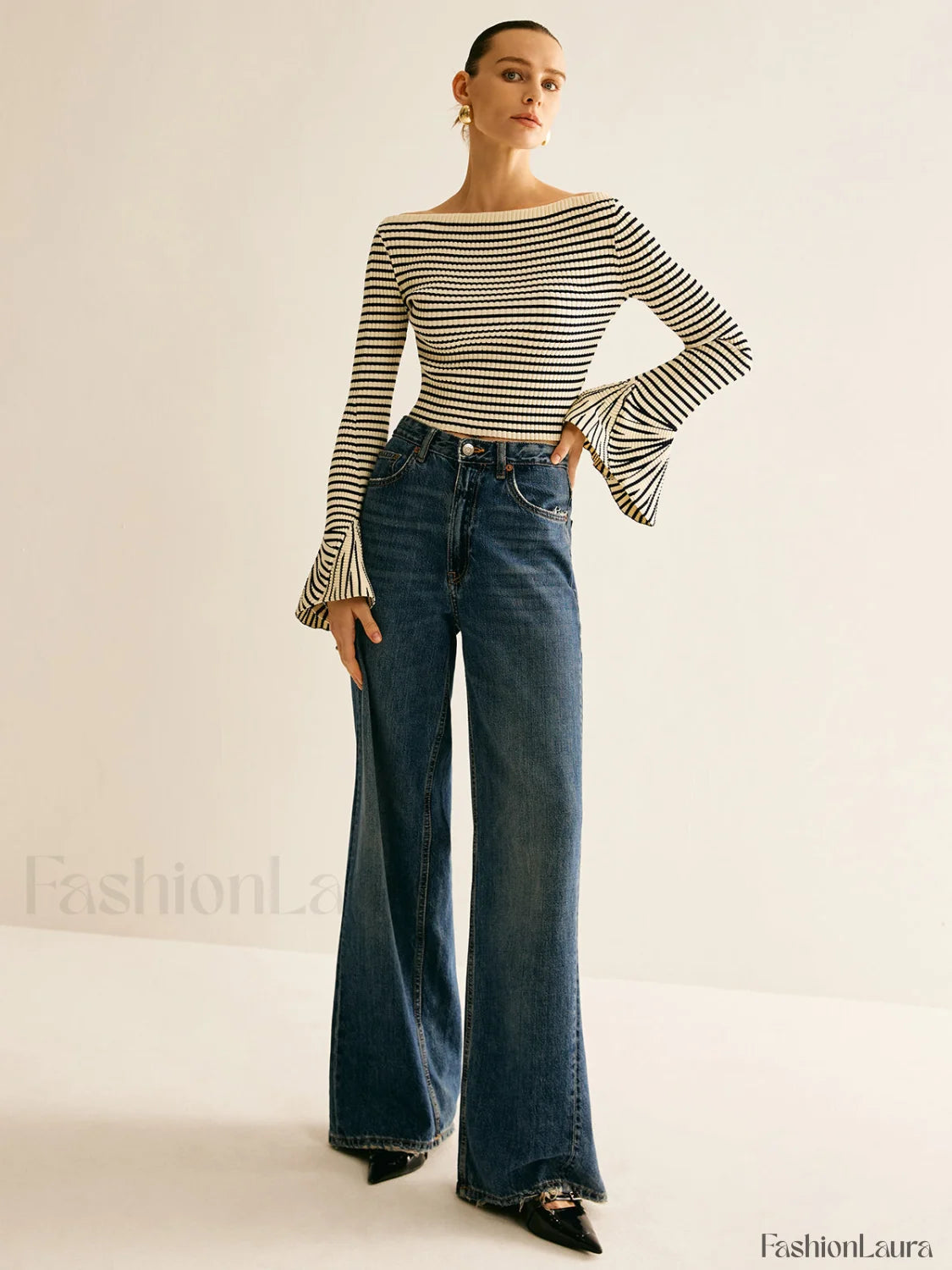 Striped Ruffle Sleeve Knit Top Knit Tops