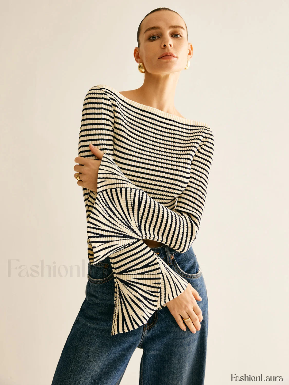 Striped Ruffle Sleeve Knit Top Knit Tops
