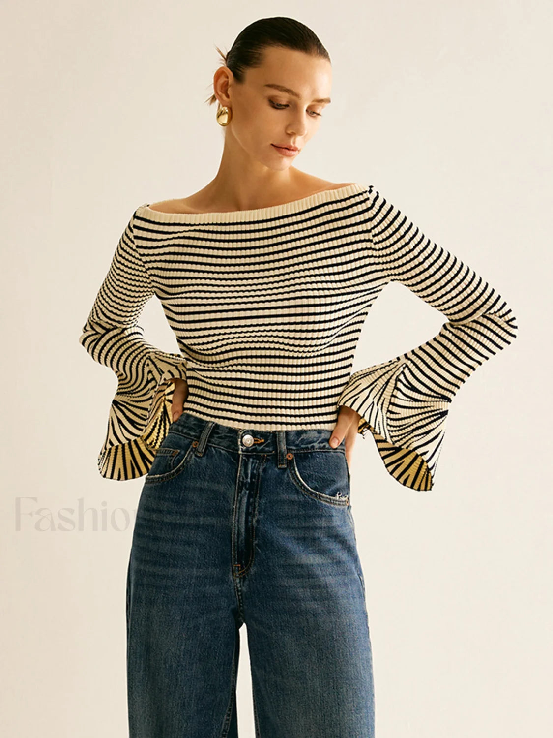 Striped Ruffle Sleeve Knit Top White / XS Knit Tops Main image