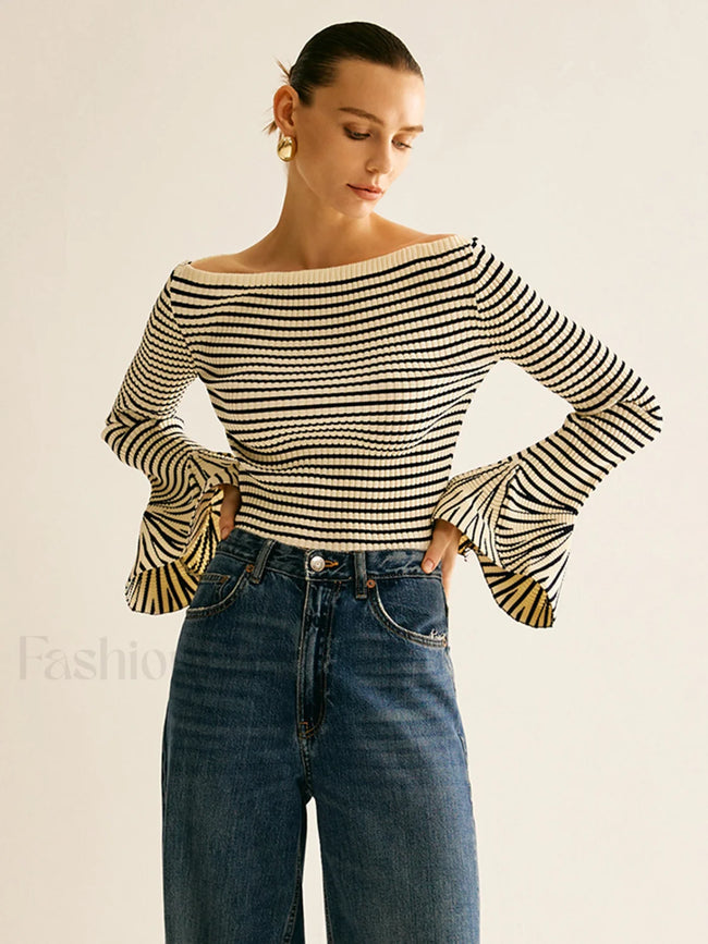Striped Ruffle Sleeve Knit Top White / XS Knit Tops Main image