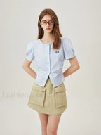 Striped Slim Short Sleeve Cotton T Shirt Blue / XS