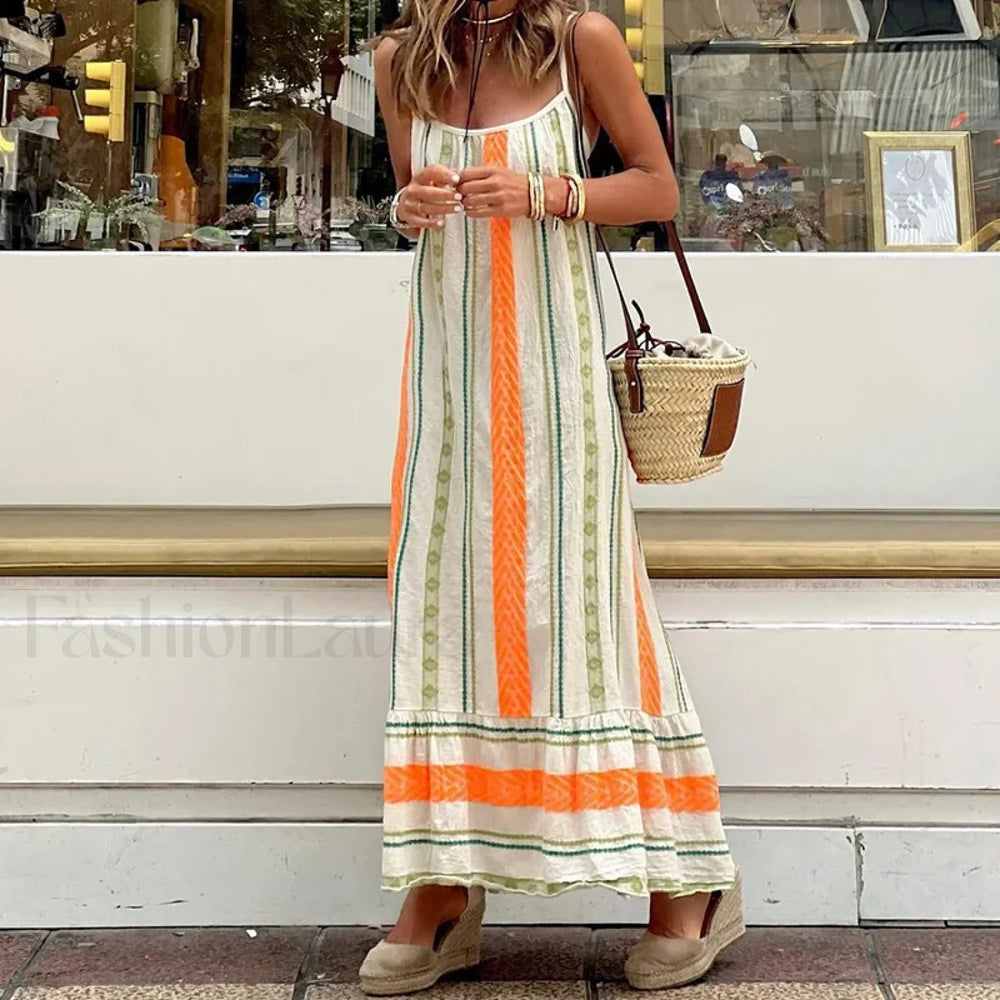 Striped Spaghetti Strap Boho Dress WHITE / S