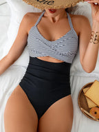 Striped Spliced Hollow Out One Piece