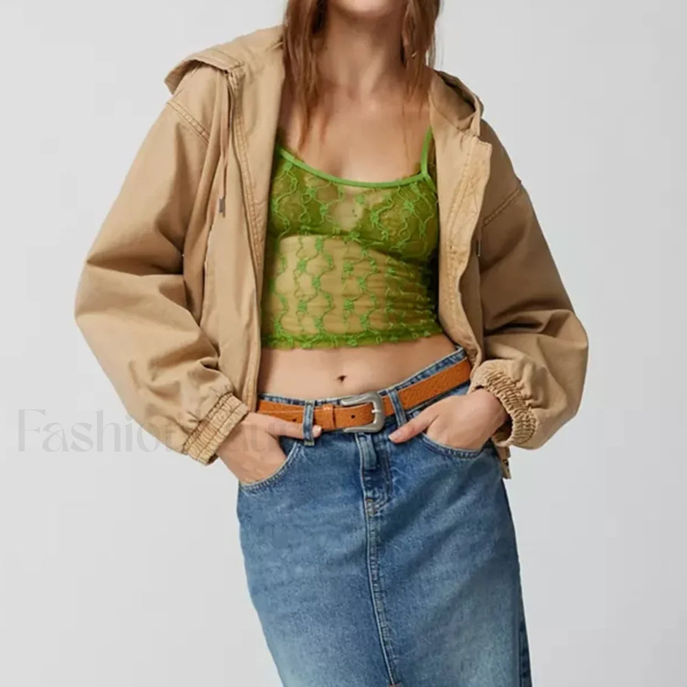 Striped Square Neck Mesh Crop Top Green / S