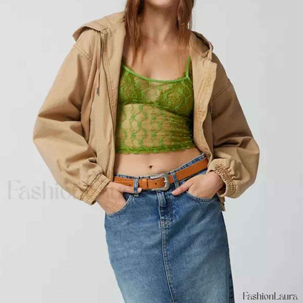 Striped Square Neck Mesh Crop Top Green / S