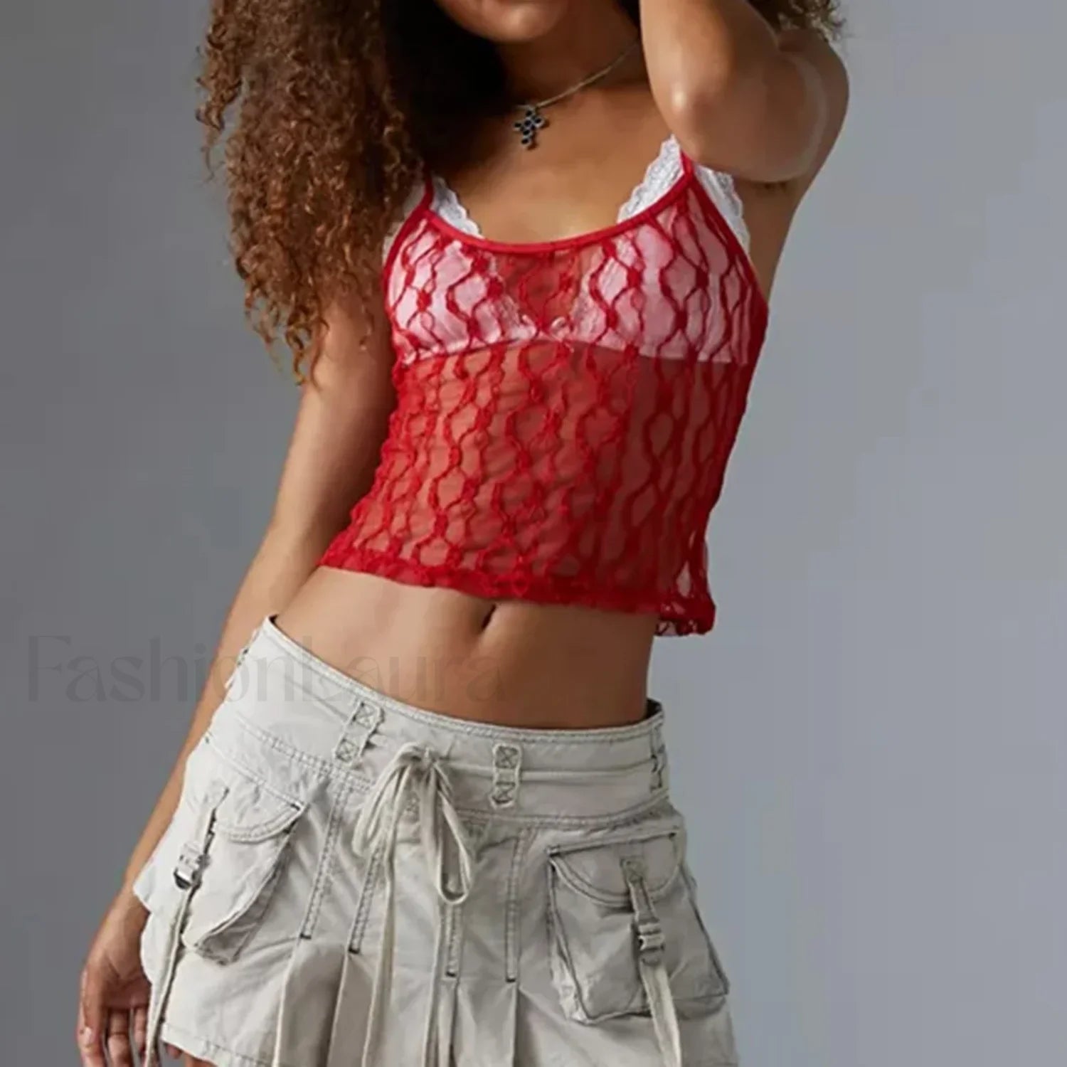 Striped Square Neck Mesh Crop Top Red / S Main image