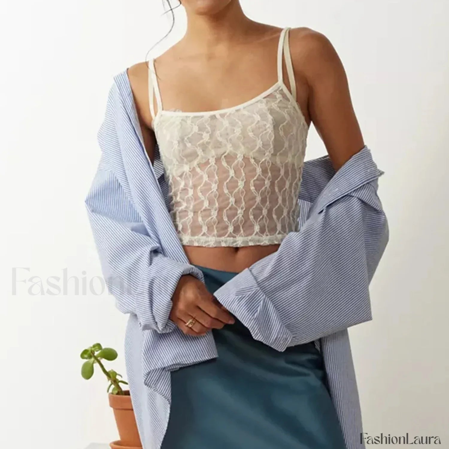 Striped Square Neck Mesh Crop Top WHITE / S