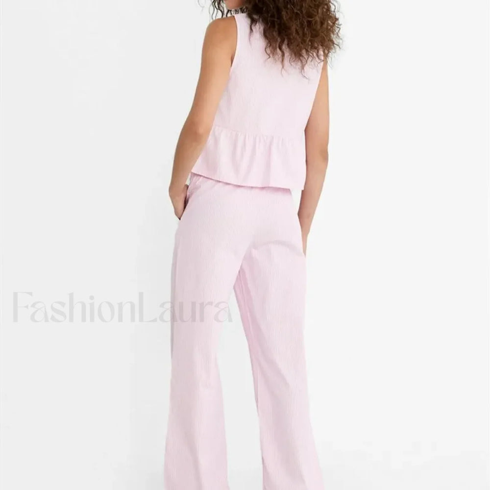 Striped Tie up T shirt Elastic Waist Pants Two Piece Set