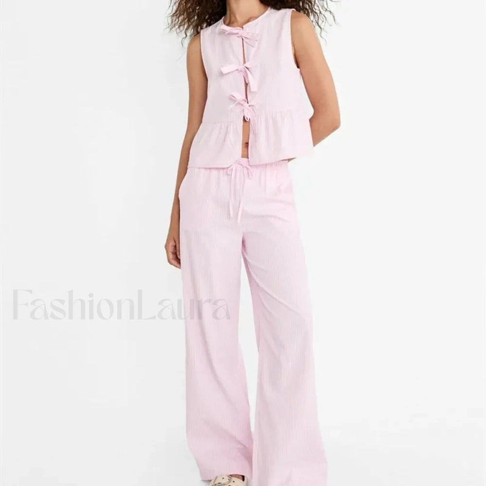 Striped Tie up T shirt Elastic Waist Pants Two Piece Set S / Pink