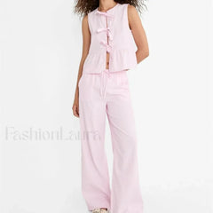 Striped Tie up T shirt Elastic Waist Pants Two Piece Set S / Pink