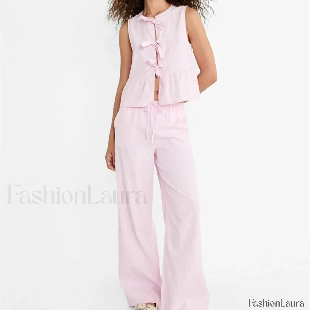 Striped Tie up T shirt Elastic Waist Pants Two Piece Set S / Pink