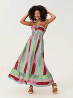 Striped Tube Top Boho Dress green / S
