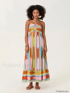 Striped Tube Top Boho Dress pink / S
