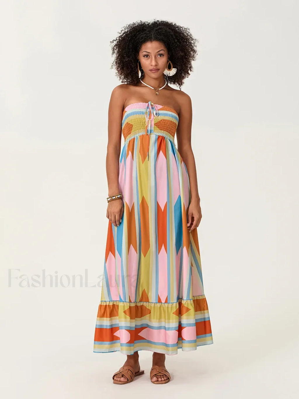 Striped Tube Top Boho Dress pink / S