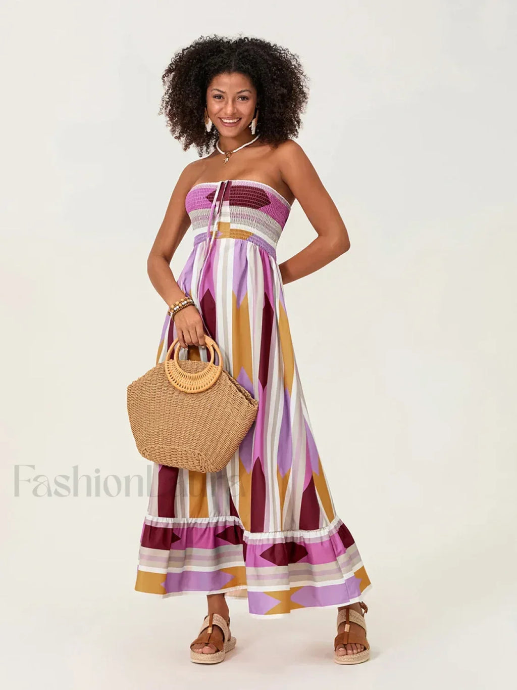 Striped Tube Top Boho Dress red / S