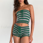 Striped Tube Top Shorts Two Piece Set Green / S