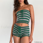 Striped Tube Top Shorts Two Piece Set Green / S