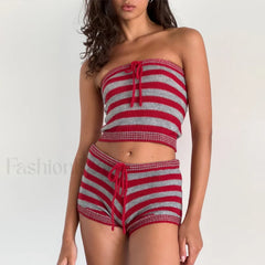 Striped Tube Top Shorts Two Piece Set Red / S