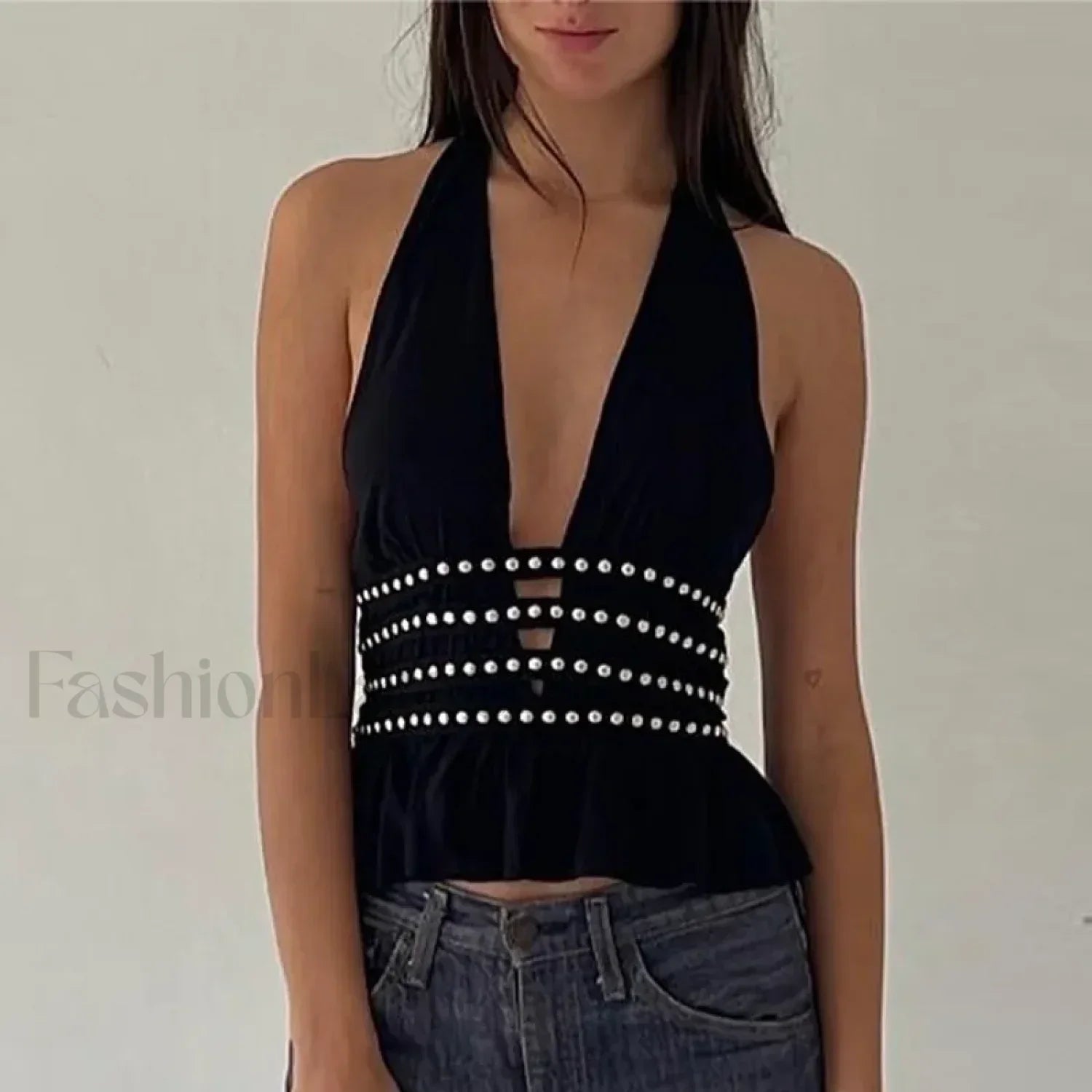 Studded Grunge Halter Crop Top Black / S Main image